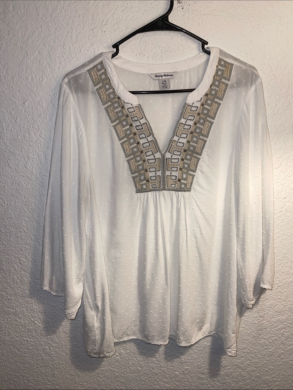 Sharagano White Swiss Dot Tunic with Gold Embroidered V-Neck